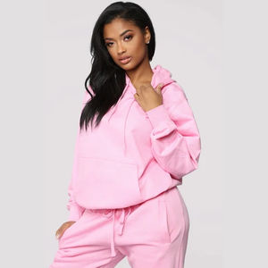 Nouveau style Logo personnalisé femmes décontracté solide longueur régulière hiver à manches longues polaire à capuche survêtement empilé pantalon - Product Image 3