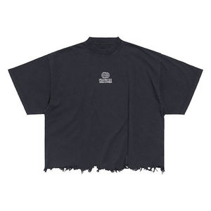Custom Logo <b>Black</b> Crop Top Distressed Mock Neck T <b>Shirt</b> Boxy Loose Fit T-<b>shirt</b> for Wholesale - Product Image 6