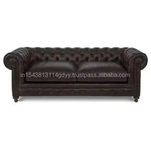 2025 2 places Chesterfield Chesterfield canapé Chesterfield marron foncé en cuir véritable canapé Chaise longue sectionnel pour salon bureau - Product Image 1
