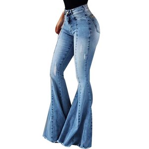 Pantalones vaqueros de pierna ancha para mujer, Jeans superelásticos de LICRA rasgados de marcas OEM, bajo pedido mínimo, envío rápido, hecho en China - Product Image 1
