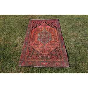 3,7x6,2 ft Rug, Vintage Turkish Rug, <b>Red</b> <b>Wool</b> Rug - Product Image 1