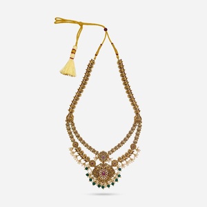 Collar Largo Haaram con Diseño Floral, Chapado en Oro, con Piedra Verde Rubí, Estilo Antiguo, Coleccionable, Joyería Vintage Elegante, 190722 - Product Image 4