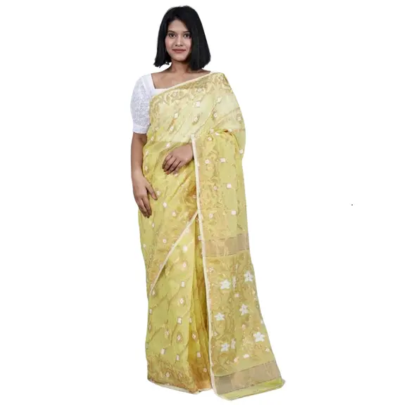 프리미엄 품질 새로운 디자이너 유행 레몬 옐로우 브론즈 소프트 Jamdani 사리 인도 민족 착용 도매 제조