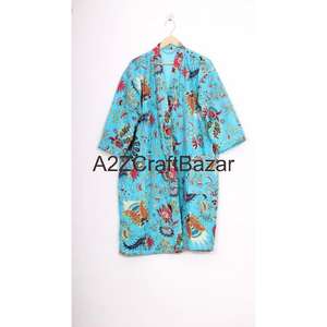 Handmade <b>Vintage</b> Kantha Short <b>Kimono</b> Robe Women's Luxury Floral Print 100% Cotton V-Neck Long Sleeves Drawstring Closure Soft - Product Image 1