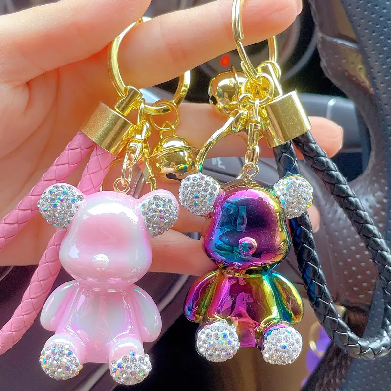 Luxo Candy cor HOT cristal Teddy Bear chaveiro Urso acrílico saco criativo charme pingente de couro wristlet Teddy Bear chaveiro