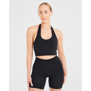 Dernier logo personnalisé Halternack noir pour femmes haut court extensible et beurre doux léger Fitness entraînement haut court t-shirts pour les femmes - Product Image 1