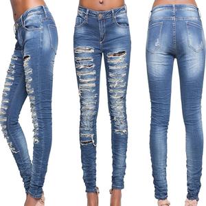 Pantalones Vaqueros Ajustados de Algodón Estilo Casual Roto Azul Popular Nuevo Estilo 2025 para Mujer, Lote de Excedentes de Ropa - Product Image 1