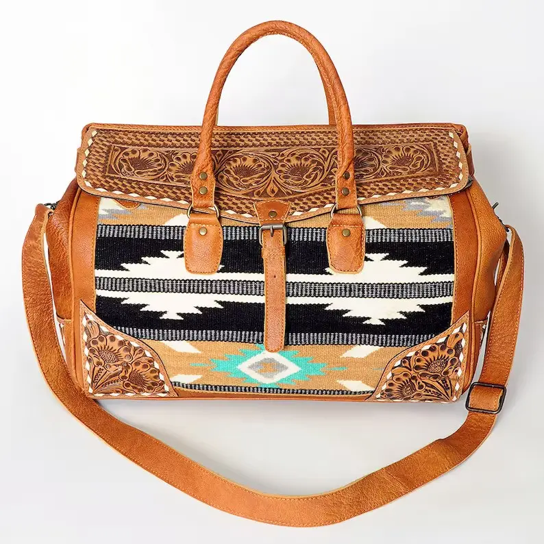 Western Lederen Duffel Echt Leer Duffel Aztec Zuidwest Weekender Duffel Weekender Reizen Duffel Leer Duffel