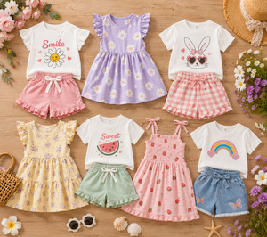 Summer Ruffle Fruit Print Cool Girls Sleeveless Shorts Sets Soft Style Kids 2Pcs Outfit Stock Multi-style <b>Random</b> Mix Batch - Product Image 1