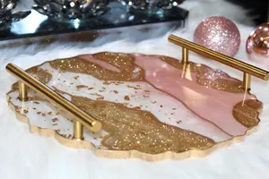 Bandeja de Servicio de Cristal de Cuarzo Rosa con Purpurina Rosa Hecha a Mano, Bandeja de Resina Epoxi con Borde de Cuarzo Rosa, Bandeja de Resina Blanca y Rosa con Dorado - Product Image 2