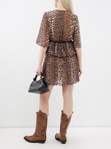 Robe mini en mousseline imprimée léopard, manches volantées, silhouette ajustée, jupe légèrement plissée, décolleté en V profond pour soirée - Product Image 2