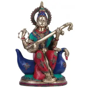 Латунная статуя Saraswati с камнем, большая богиня Sarasvati idol из латуни, индуийская богиня искусства, знания о музыке