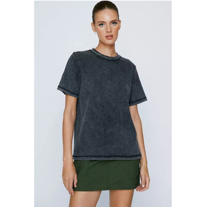 T-shirt classique en mélange de coton pour femme T-shirt à col rond en jersey lavé à l'acide avec coupe standard - Product Image 2