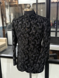 Men's <b>Black</b> Sherwani With <b>Feather</b> Pattern Regular Fit Traditional Wedding Attire India Pakistan Style - Product Image 6