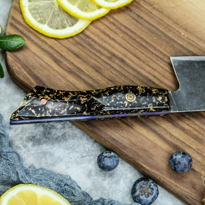 Couteaux de chef professionnels PRESTIGE BLADES, fabrication sur mesure en gros, OEM ODM, acier Damas, manche en résine avec feuille d'or, ambidextre - Product Image 3