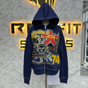 Sudadera con Capucha y Cremallera, Estilo Desgastado, con Pedrería, Lavado Ácido, para Hombre, Ropa Urbana de Forro Polar, Servicios OEM de Bajo Costo y Buen Material - Product Image 5