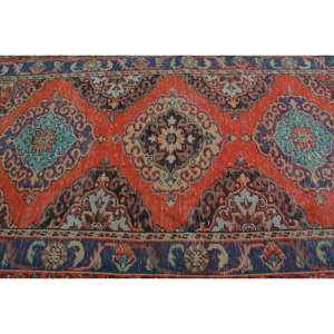 Alfombra turca Vintage de 4 pies, 6 pulgadas x 12 pies y 3 pulgadas, diseño de retazos rojo y azul, tejido plano, respaldo de látex de lana para decoraciones de sala de estar - Product Image 5