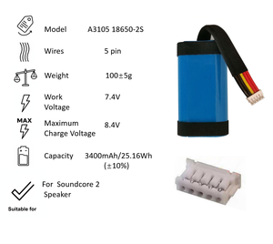 사운드코어2 폴리머 리튬 배터리 A3105 18650-2S 3400mAh 교체용 배터리 사운드코어 2용 충전식 스피커 배터리 - Product Image 3
