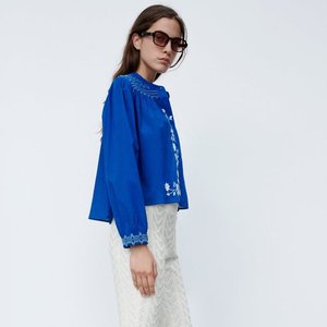 Top de fiesta Formal de talla grande de satén azul real para mujer con mangas largas bordado Diseño de ordenador vestido informal para mujeres niñas - Product Image 3