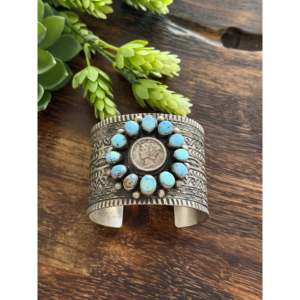 Tillie John Golden Hills Turquoise & Sterling Silver Liberty Dime Cluster Cuff Bracelet Fashionable Accessory - Product Image 1