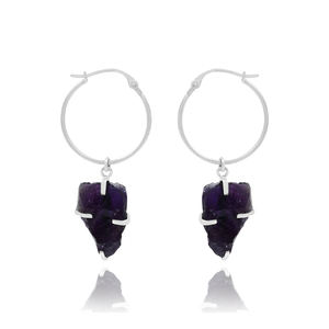 Pendientes de piedras preciosas de diseño moderno y alta calidad, plata de ley 925, amatista africana en bruto, pendientes de aro para mujer, disponibles en stock. - Product Image 2