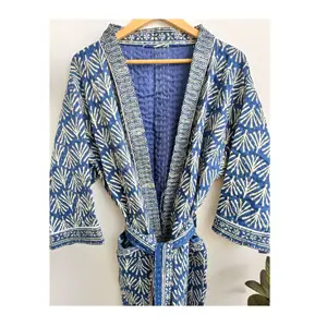 Fornecimento direto da fábrica até o joelho com decote em V roupões de Kimono Kantha para mulheres pijamas de verão quimono longo