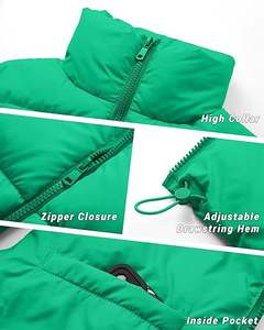<b>Top</b> Women's <b>Cropped</b> Puffer Vest Jacket <b>Green</b> Winter Sleeveless With High Stand Collar Zip Embroidered Solid Pattern Lightweight - Product Image 4