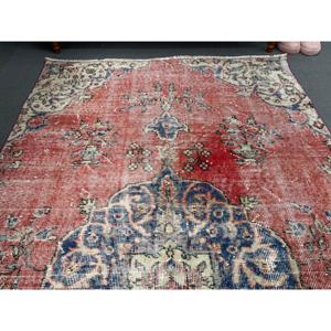 4x7.2 ft Vintage Turkish <b>Wool</b> Rug <b>Red</b> Bordered Patchwork Design with Latex Backing - Product Image 3