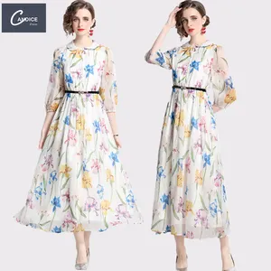 Candice Real shot spot French three-quarter sleeve printed floral retro dress with belt