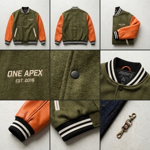 Blouson Varsity en Cuir Vert Olive et Orange Personnalisé, Style Vintage Bomber Streetwear, avec Capuche et Lettrage, pour OEMs, ODMs et Marques Privées - Product Image 6