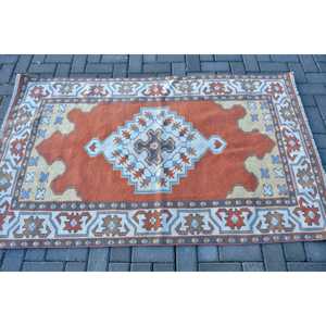 Turkish 3.6x5.8 ft Rug, Vintage Rug, <b>Red</b> Ikat <b>Wool</b> Rug - Product Image 3