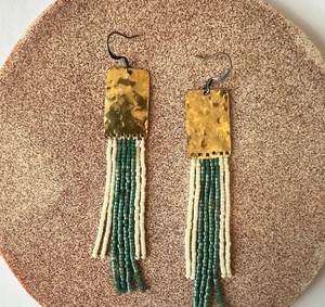 Beautifully Handmade White and <b>Blue</b> <b>Beaded</b> Earrings, Hammered Brass Handmade Earrings - Product Image 1