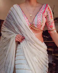 Esclusivo aspetto bellissimo Designer Party Wear sari su tessuto finto Georgette con filo con lavoro Sequnce e camicetta anche su