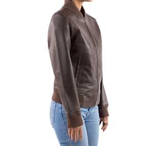 Chaqueta de cuero personalizada con diseño de cuello vuelto liso para mujer, para otoño e invierno, manga larga, forro de satén, colocación frontal - Product Image 3
