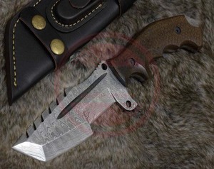 Tracker Outdoor Tracking Couteau à lame fixe en acier damas fait maison avec manche en bois et étui en cuir - Product Image 4