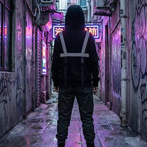 Sweat à capuche respirant en polaire d'hiver Techwear noir avec bande réfléchissante 3M, sangle à boucle tactique, col montant, streetwear cyberpunk - Product Image 2