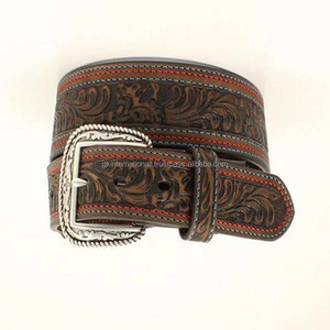 Nouvelle arrivée ceinture d'outillage en cuir occidental à motif repoussé à la main triple cousu pour unisexe avec boucle florale finition argent vintage - Product Image 6