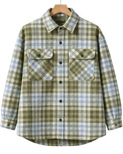 Customized Men Plaid <b>Overshirt</b> Green Blue Long Sleeve Button Up Checkered Shirt Jacket Warm <b>Flannel</b> Casual Winter Wear Wholesale - Product Image 1