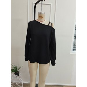 Women'<b>s</b> Long-Sleeve One-Shoulder Cross-Stripe Detail Viscose Two-Thread <b>Blouse</b>, 37482 - Black - Product Image 4