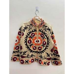 Anaar Bagh <b>Reversible</b> Suzani Embroidered Cotton <b>Jacket</b> for Ladies Finished Product Bomber Ivory Maroon Marigold Blooms Spring - Product Image 2