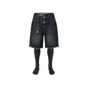 Men Vintage Washed <b>Layered</b> Denim Jorts Baggy Raw Hem Streetwear Jean Shorts Custom OEM ODM Wholesale - Product Image 1