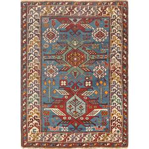 Alfombra Kiaan Azul de Lana Anudada a Mano con Patrón Geométrico, Rectangular, para Pasillo o Sala de Estar, 9x12 Pulgadas - Paem-1392 - Product Image 1