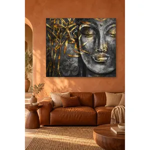 Impression sur toile Fida avec feuilles de bambou dorées, visage de Bouddha et symbole Om - Product Image 5