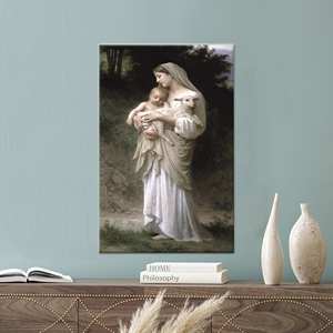 Serenidad Sagrada: Arte en lienzo impreso de la Virgen María, el Niño Jesús y el Cordero, lienzo envuelto en 1 pieza - Product Image 1