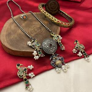 Pretty Stylish Royal Heritage <b>Oxidized</b> Necklace Set With Earrings And Finger Ring For Wedding Wear And Party Wear For Women - Product Image 2