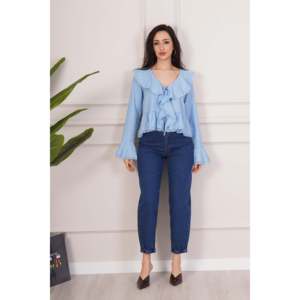 Blusa Elegante para Mujer LUSTRIN, con Detalle de Encaje Azul, Cuello con Lazo, 100% Poliéster, Manga Larga, Estilo Casual para Uso Diario - Product Image 2