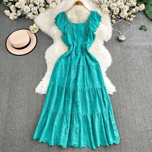 Vestidos Elegantes de Gasa con Bordado Calado para Mujer, Verano, Vacaciones, Volantes, Sin Mangas, Estilo Coreano, Hasta la Rodilla, Rectos, Dulces y Naturales - Product Image 1
