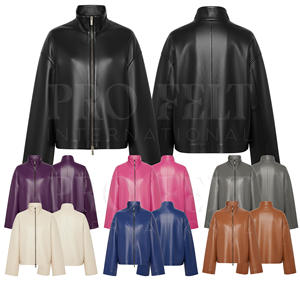 Veste en cuir véritable surdimensionnée à la mode et à la mode Logo personnalisé Col haut Manches larges Coupe courte Veste à fermeture éclair complète - Product Image 1