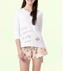 Top y pantalón corto de manga corta con logotipo personalizado de algodón con cintura elástica y cordón, Conjunto de pijama transpirable para mujer - Product Image 5