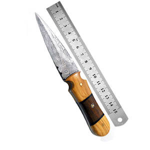 Cuchillos de caza de acero de Damasco de calidad superior con mango de madera de longitud regular Funda de cuero-Soporte OEM personalizable - Product Image 1